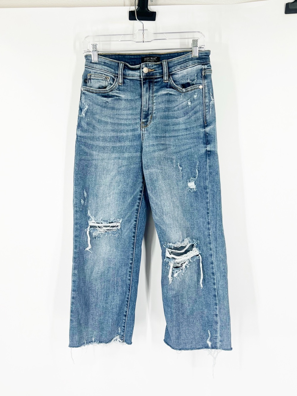 Judy Blue High Rise Wide Leg Cropped Jeans Distressed
